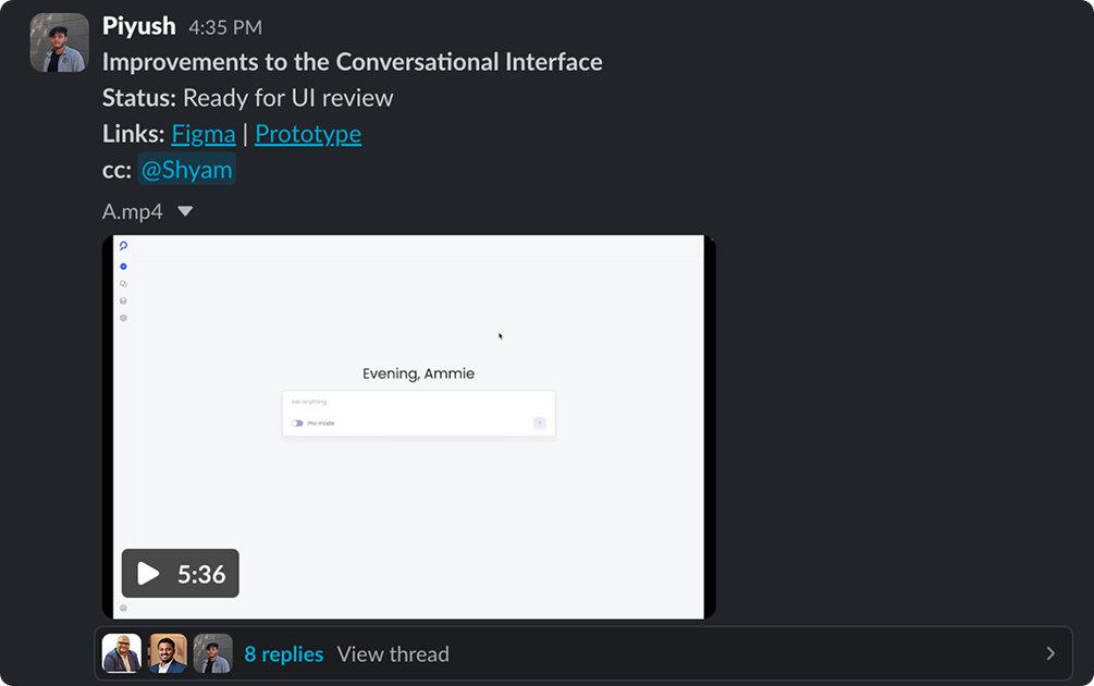 Slack post: Improvements to the Conversational Interface — Ready for UI review, same handoff pattern